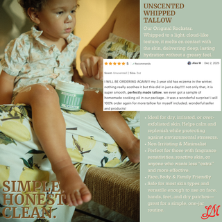 Unscented Whipped Tallow – All-Natural Moisturizer | Pure Beef Tallow Cream for Face & Body |Lady May Handmade, Preservative-Free Skincare - Lady May Tallow