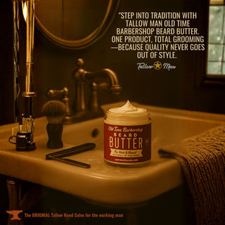 Alt Tag: Tallow Man Old Time Barbershop Beard + Body Butter | Men's Grooming | Grass-Fed Tallow | 9oz. jar on bathroom sink