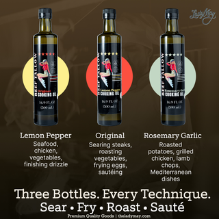 Lady May Tallow Cooking Oil Trio Bundle | Grass-Fed Beef Tallow & Olive Oil | Original, Rosemary Garlic & Lemon Pepper | Clean High-Heat Cooking from Our Restaurant Kitchen