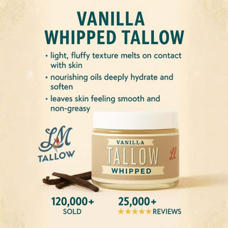 Scented Whipped Tallow Trio - 9oz Lavender, Vanilla Bean & Eucalyptus Tea Tree | Grass-Fed Skincare Bundle vanilla whipped tallow jar