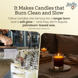 Alt Tag: Bulk Grass-Fed Beef Tallow for Soap, Skincare & Candles | 2,8,16 lbs | Maker-Proven Quality clean slow-burning tallow candles being poured and lit