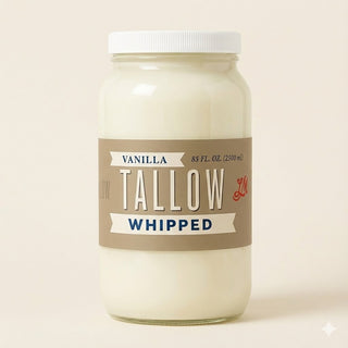 Jar of vanilla whipped tallow on a beige background