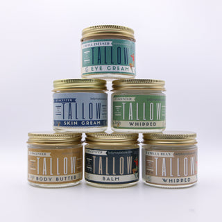 6 pack Travel Tallow All-Natural Skincare Box, Tallow Lotion, Body Butter, Balm, Vanilla Whipped & Unscented Whipped