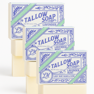 Pure Beef Tallow Soap Bar 3 Pack - Natural Handmade Soap for Face Body & Shaving - Lavender Mint or Unscented - Moisturizing Sensitive Skin Soap - Chemical Free - Lady May Tallow