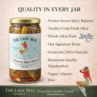 Lady May Sweet & Spicy Pickled Okra – 2 Pack (24oz Jars) – Southern Style Whole Fresh Okra Pods – Small Batch Restaurant Made – Sweet Heat with Jalapeño & Garlic