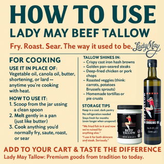 How to use Lady May beef tallow cooking guide with jar and bottle - Premium Grass-Fed Beef Tallow Cooking Oil - Restaurant-Proven | Choose Your Flavor