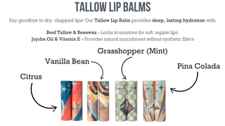 Alt Tag: Tallow Lip Balm - CHOOSE A FLAVOR - Natural Beef Tallow Lip Moisturizer with Beeswax & Jojoba Oil flavor chart
