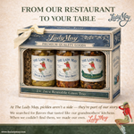 Lady May Pickle Trio Gift Set – 3 Pack (24oz Jars) – Bread & Butter Pickles, Spicy Pickled Okra & Candied Jalapenos