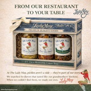Lady May Pickle Trio Gift Set – 3 Pack Bundle (24oz Jars) – Bread & Butter Sweet Pickles, Sweet & Spicy Pickled Okra, Candied Jalapeños – Small Batch Southern Style – Restaurant Made Gourmet Pickles