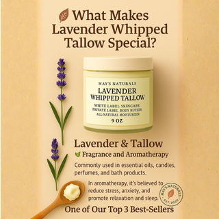 May's Naturals Lavender Whipped Tallow product with lavender flowers on a beige background