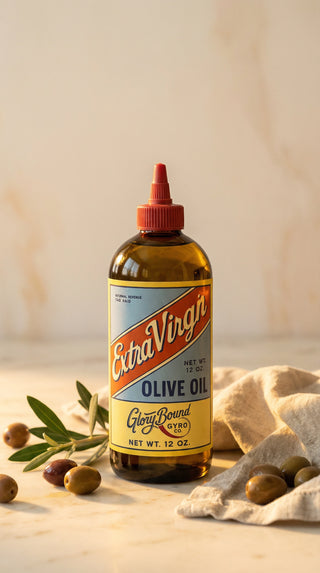 Bottle of Extra Virgin Olive Oil with a red cap on a neutral background