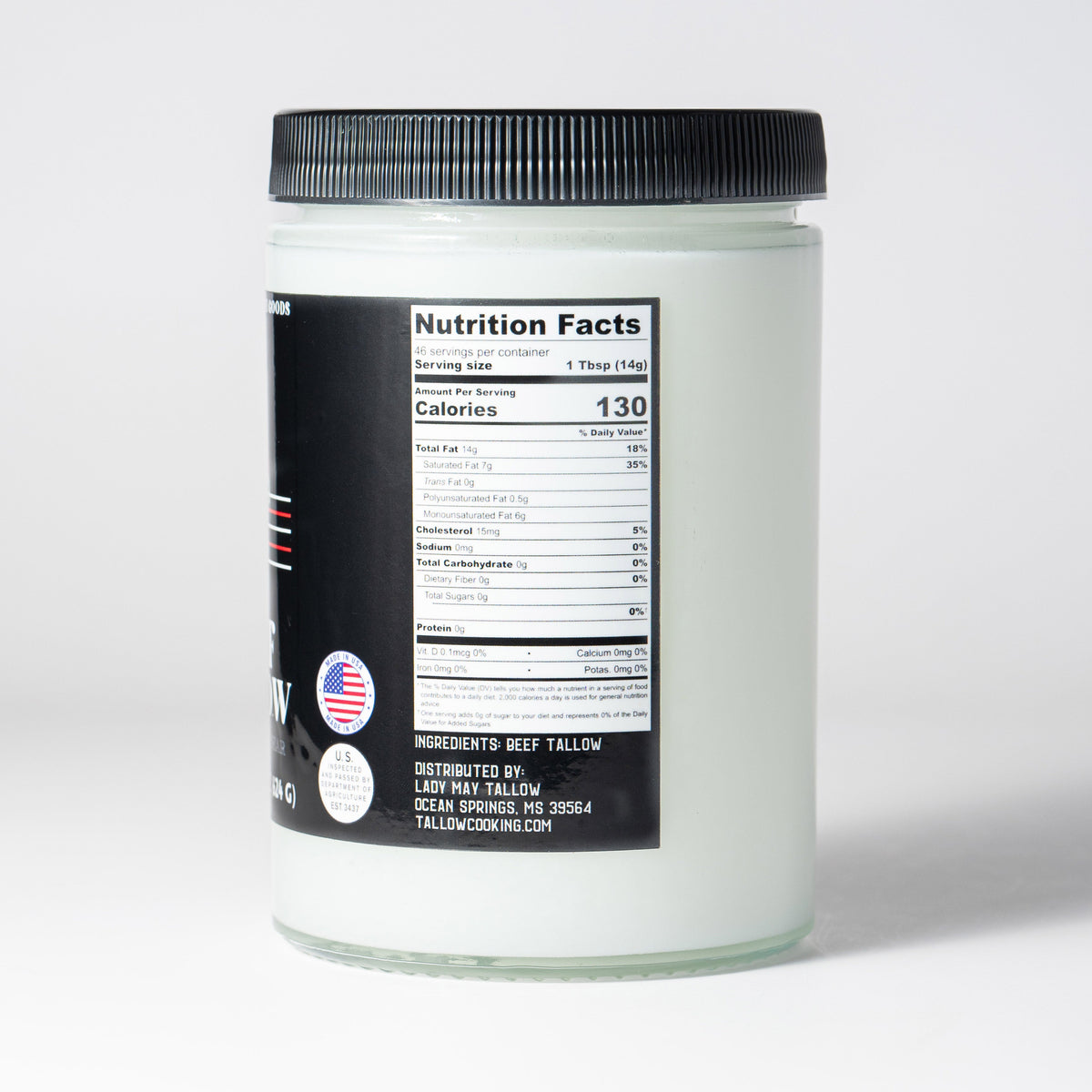 22oz Premium Grass-Fed Beef Tallow | Restaurant-Proven Cooking Fat | Seed Oil-Free jar showing nutrition facts label, seed oil-free cooking fat