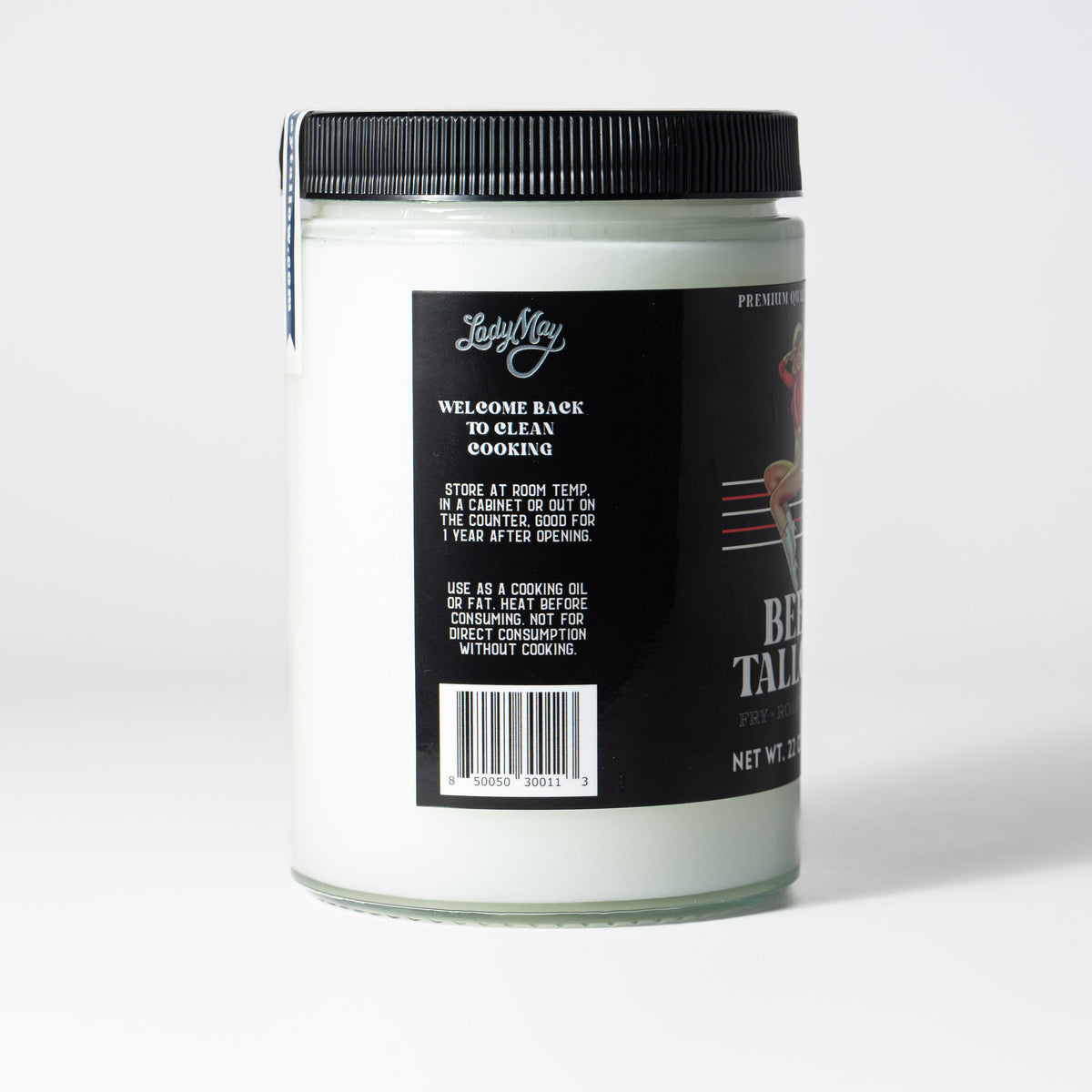 22oz Premium Grass-Fed Beef Tallow | Restaurant-Proven Cooking Fat | Seed Oil-Free jar back label, seed oil-free cooking fat
