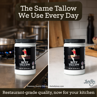 22oz Premium Grass-Fed Beef Tallow | Restaurant-Proven Cooking Fat | Seed Oil-Free jar on kitchen counter, restaurant-grade cooking fat