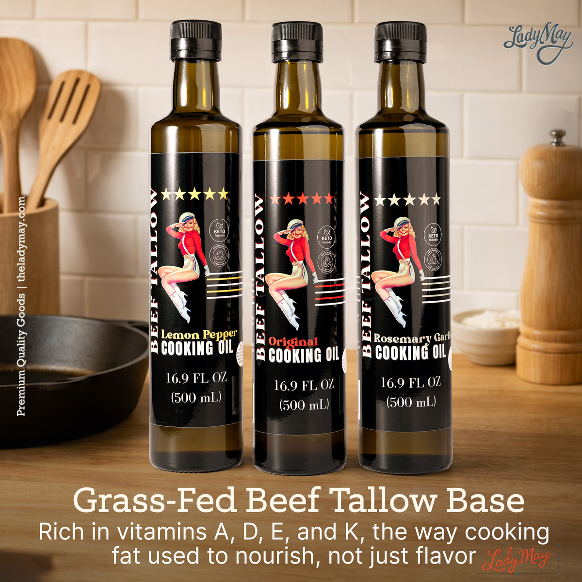 Premium Grass-Fed Beef Tallow Cooking Oil - Restaurant-Proven | Choose Your Flavor bottles in kitchen, original lemon pepper and rosemary garlic