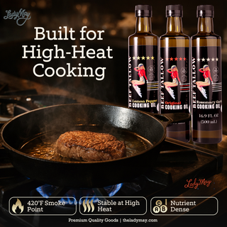 Premium Grass-Fed Beef Tallow Cooking Oil - Restaurant-Proven | Choose Your Flavor built for high-heat cooking, searing steak in cast iron skillet