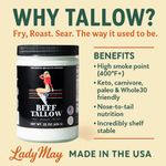 22oz Premium Grass-Fed Beef Tallow | Restaurant-Proven Cooking Fat | Seed Oil-Free benefits graphic, 22oz jar, high smoke point 400°F+
