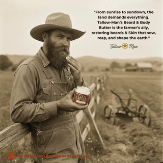 Tallow Man Deluxe Gift Set – Beard Butter Trio, Hand Salve & Leather Conditioner | Premium Men's Grooming farmer holding tallow beard butter jar