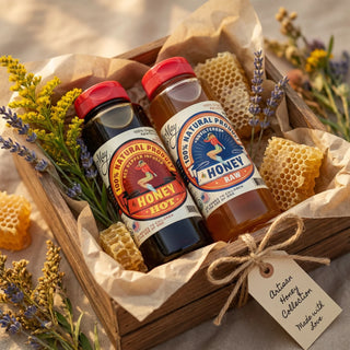The Lady May artisan honey collection gift box with raw and hot honey bottles, honeycomb and lavender, a gourmet farm-to-table local honey gift idea with natural benefits