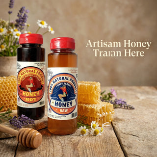 The Lady May artisan raw and hot honey bottles with honeycomb, lavender, daisies and a honey dipper, a gourmet farm-to-table local honey with natural benefits