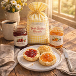 The Lady May breakfast lifestyle – biscuits topped with strawberry and peach preserves with Garlic Cheddar Biscuit Mix and coffee