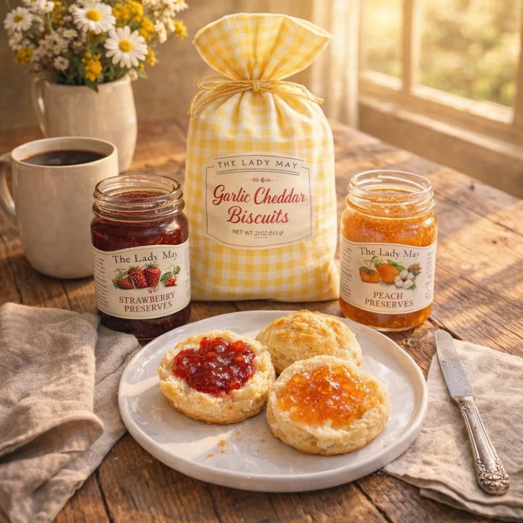 The Lady May breakfast lifestyle – biscuits topped with strawberry and peach preserves with Garlic Cheddar Biscuit Mix and coffee
