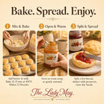 The Lady May how to use – bake the biscuit mix, warm the preserves, then split and spread in 3 steps