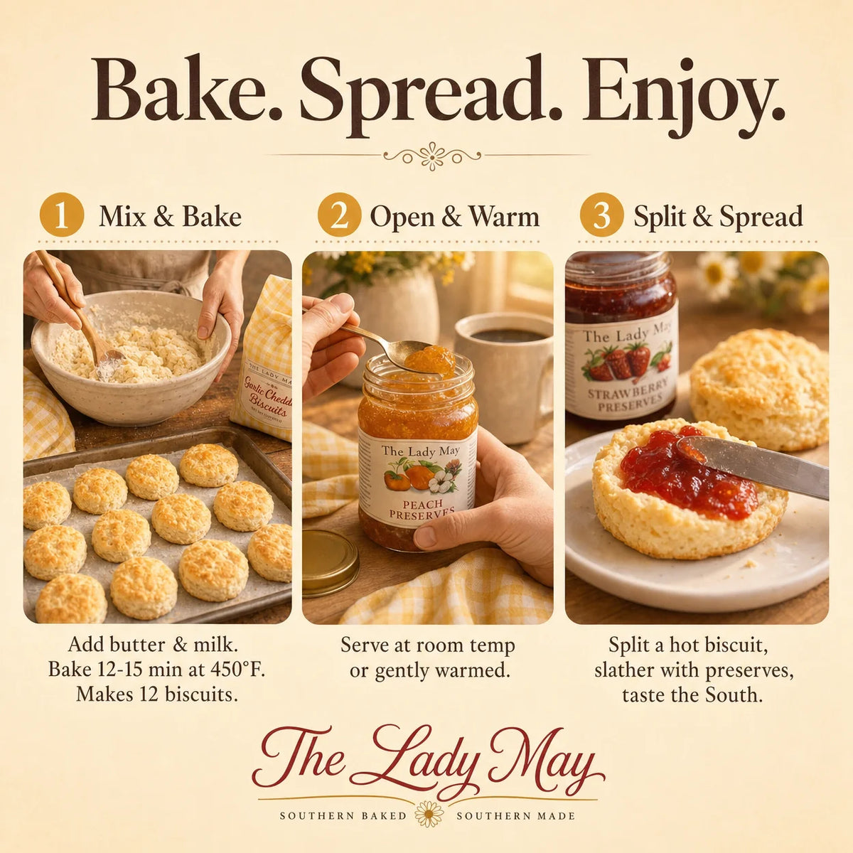 The Lady May how to use – bake the biscuit mix, warm the preserves, then split and spread in 3 steps
