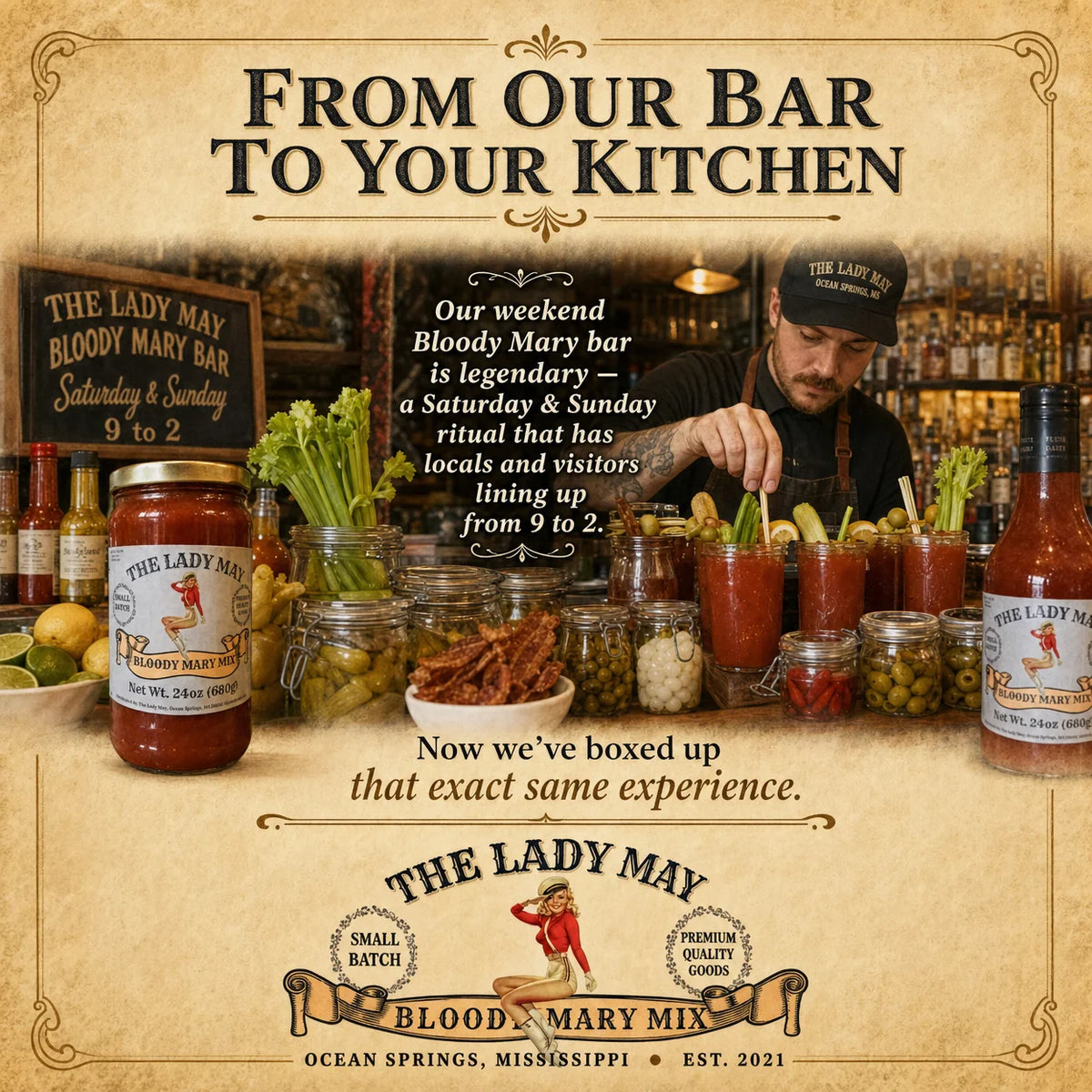 The Lady May Bloody Mary brand story – from our weekend Bloody Mary bar in Ocean Springs, Mississippi to your kitchen