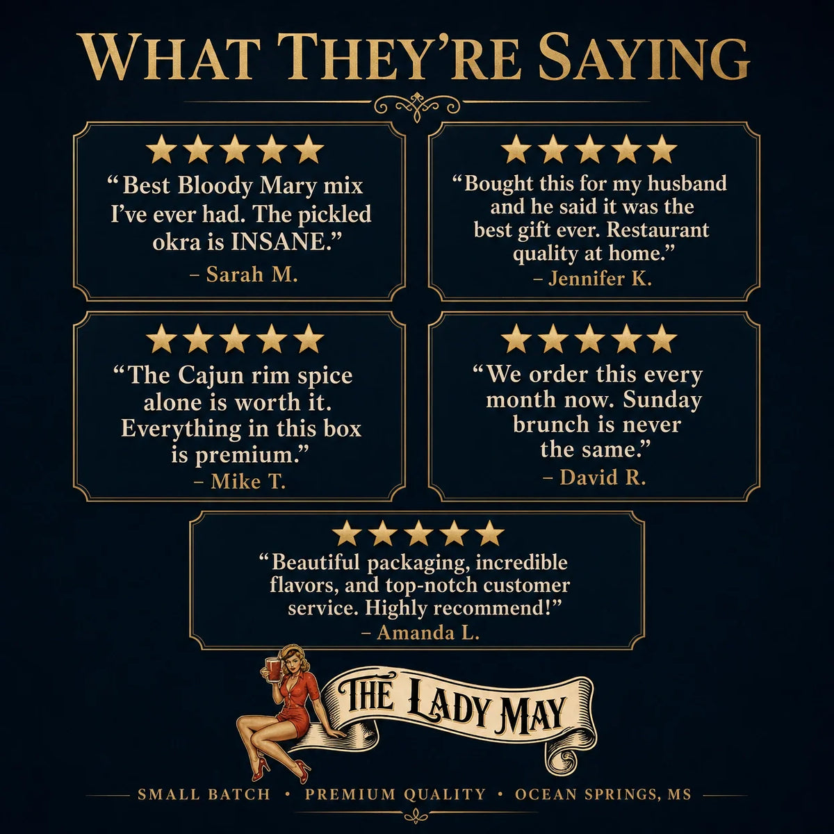The Lady May Bloody Mary Kit customer reviews – five-star testimonials praising the mix, pickled okra and Cajun rim