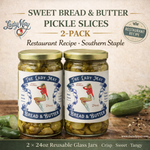 The Lady May sweet bread and butter pickle slices 2-pack gift set with two 24oz reusable glass jars and fresh cucumbers, a gourmet traditional farm-to-table Southern pickled gift idea