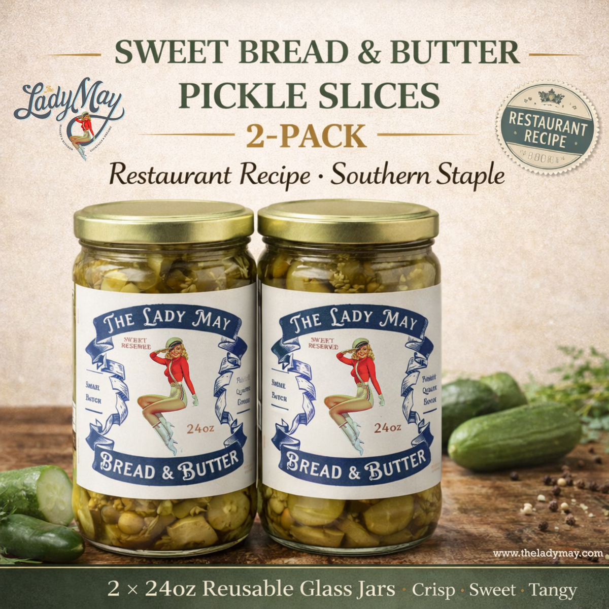 The Lady May sweet bread and butter pickle slices 2-pack gift set with two 24oz reusable glass jars and fresh cucumbers, a gourmet traditional farm-to-table Southern pickled gift idea