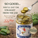 The Lady May bread and butter sweet pickle slices 24oz jar with a forkful of pickles and fresh cucumbers, a gourmet traditional farm-to-table Southern pickled gift idea