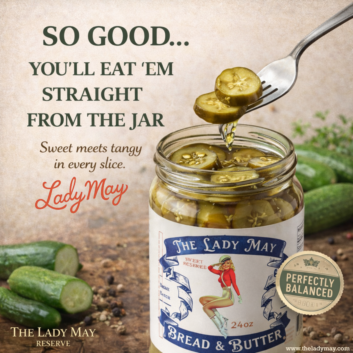 The Lady May bread and butter sweet pickle slices 24oz jar with a forkful of pickles and fresh cucumbers, a gourmet traditional farm-to-table Southern pickled gift idea