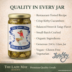 The Lady May small-batch bread and butter pickles 24oz jar made with crisp Kirby cucumbers and organic ingredients, a gourmet traditional farm-to-table Southern pickled gift idea