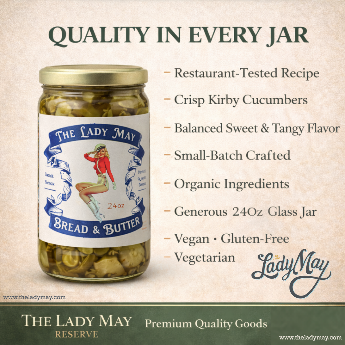 The Lady May small-batch bread and butter pickles 24oz jar made with crisp Kirby cucumbers and organic ingredients, a gourmet traditional farm-to-table Southern pickled gift idea