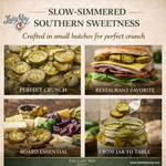The Lady May small-batch bread and butter pickles serving ideas on a sandwich and charcuterie board, a gourmet traditional farm-to-table Southern pickled topping