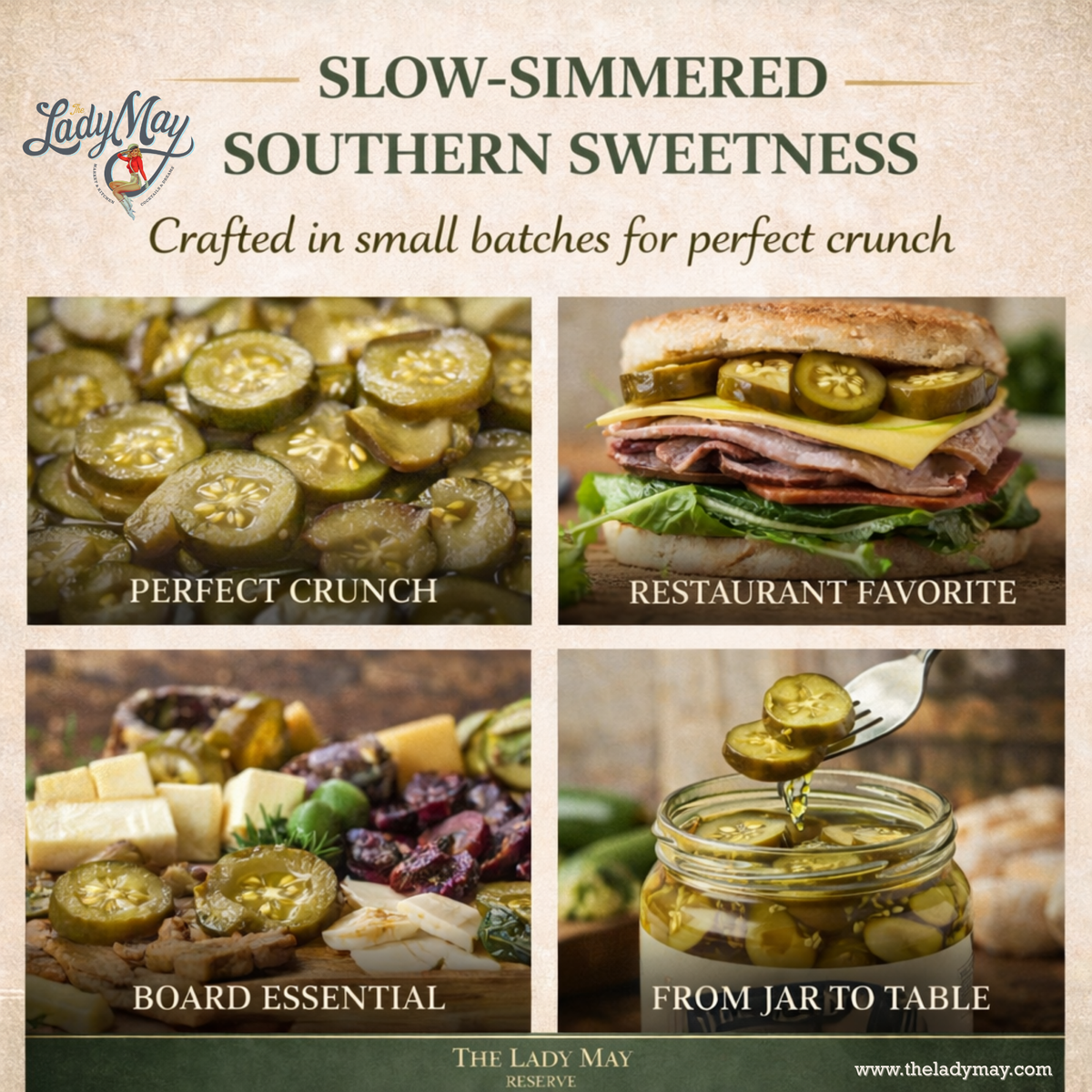 The Lady May small-batch bread and butter pickles serving ideas on a sandwich and charcuterie board, a gourmet traditional farm-to-table Southern pickled topping
