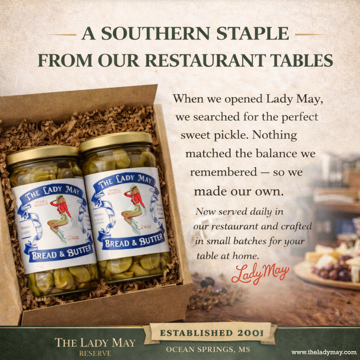 The Lady May bread and butter sweet pickles two-jar gift box from Ocean Springs Mississippi, a gourmet traditional small-batch farm-to-table Southern pickled gift idea