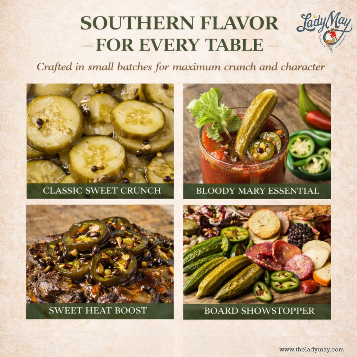 The Lady May small-batch Southern bread and butter pickles serving ideas including Bloody Mary garnish and charcuterie board, a gourmet traditional farm-to-table pickled gift idea