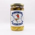 The Lady May small-batch bread and butter sweet pickle slices 24oz jar on a white background, a gourmet traditional farm-to-table Southern pickled gift idea