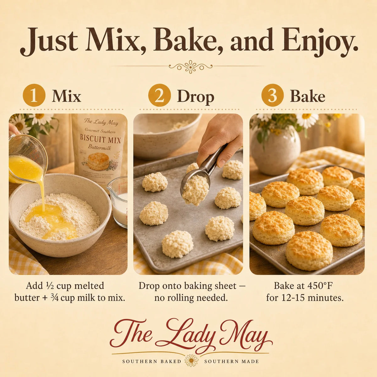 The Lady May Buttermilk Biscuit Mix – how to make: mix, drop and bake biscuits in 3 easy steps