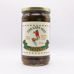 The Lady May small-batch candied jalapenos 24oz jar on a white background, a gourmet traditional farm-to-table Southern pickled topping and gift idea
