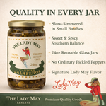 The Lady May small-batch candied jalapenos 24oz jar with slow-simmered sweet and spicy Southern flavor, a gourmet traditional farm-to-table pickled peppers gift idea