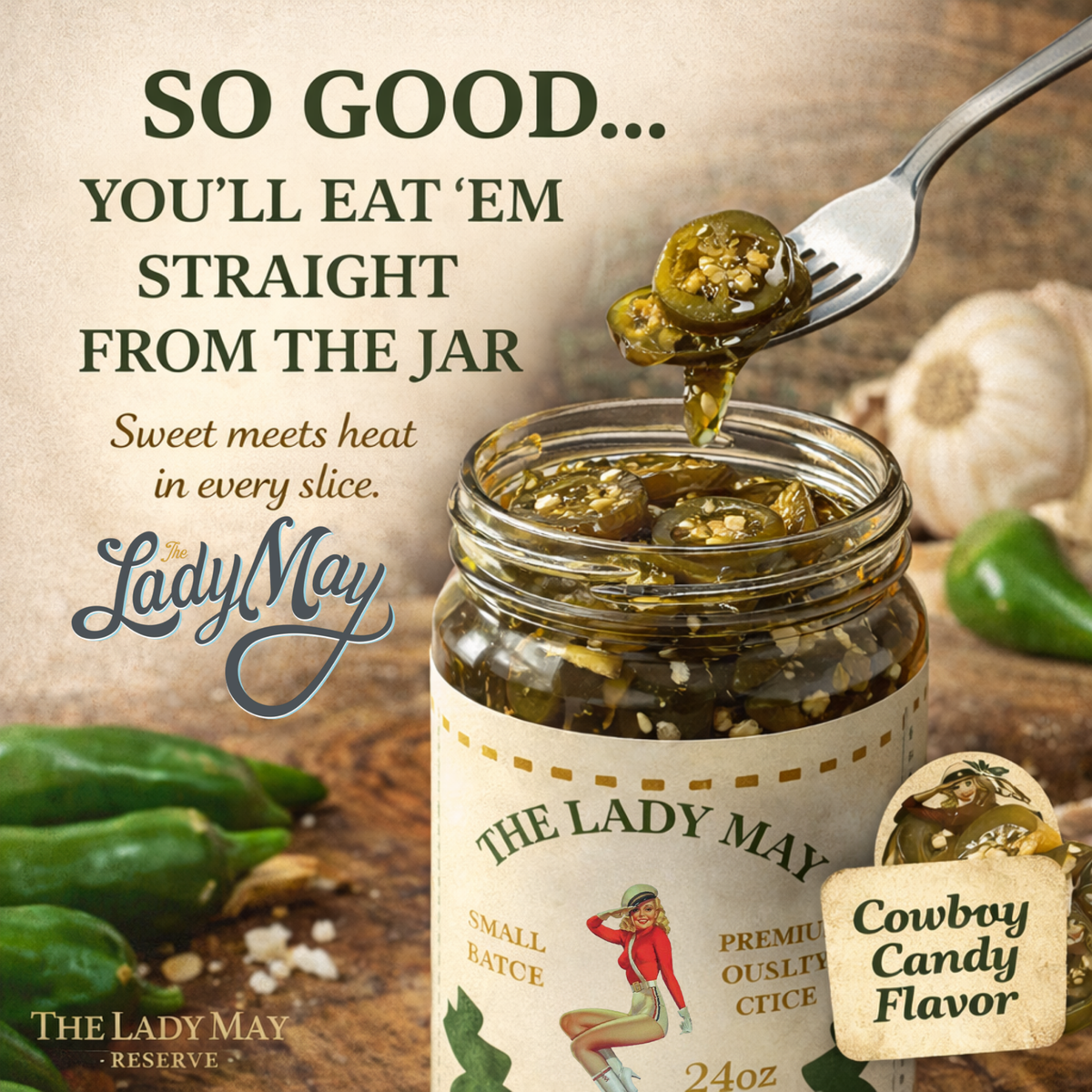 The Lady May candied jalapenos cowboy candy 24oz jar with a forkful of sweet and spicy jalapenos, a gourmet traditional farm-to-table Southern pickled gift idea