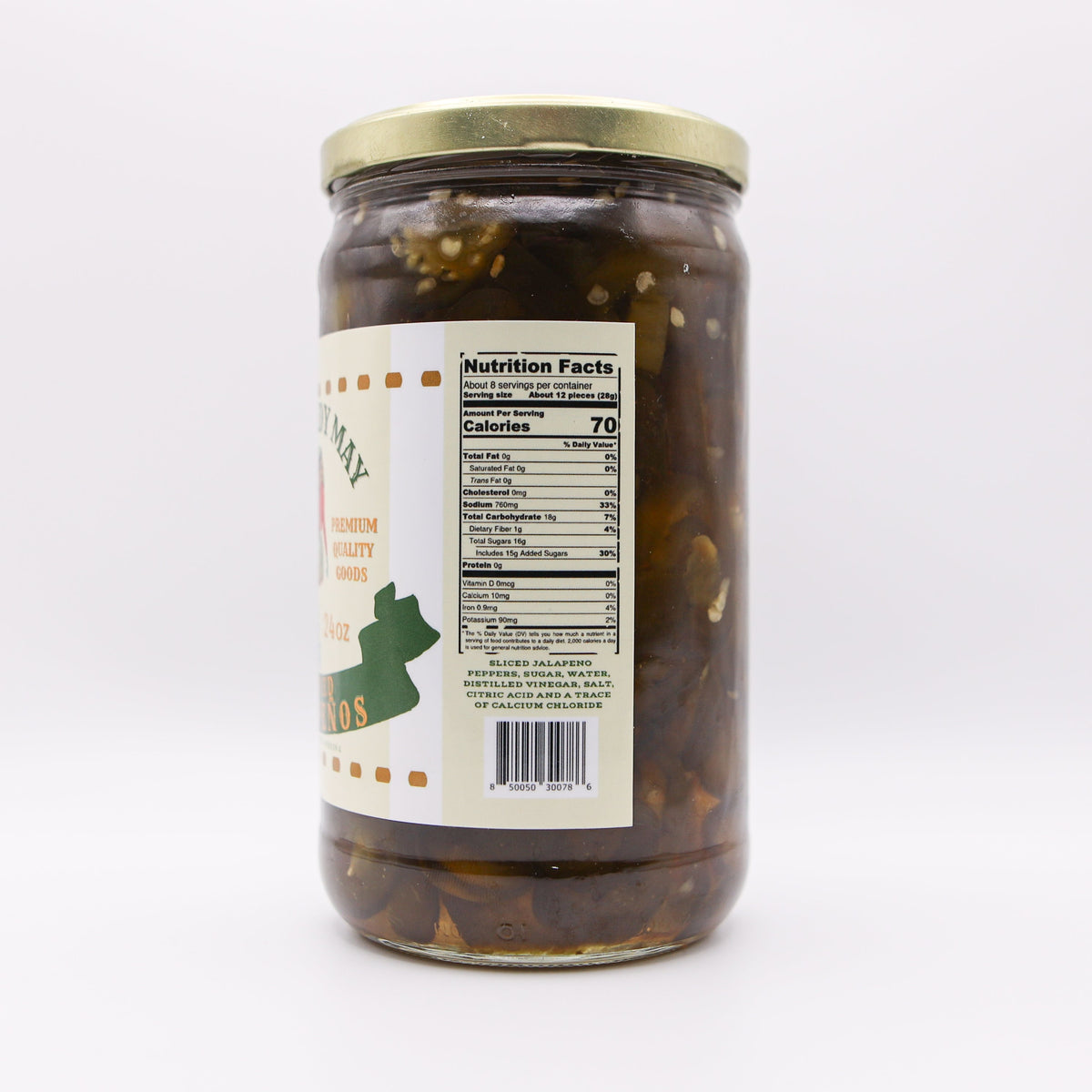 The Lady May candied jalapenos jar with sliced jalapeno peppers, a gourmet traditional farm-to-table Southern pickled topping for charcuterie boards and gifts