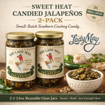 The Lady May sweet heat candied jalapenos 2-pack gift set with two 24oz reusable glass jars and a bowl of cowboy candy, a gourmet traditional farm-to-table Southern pickled gift idea