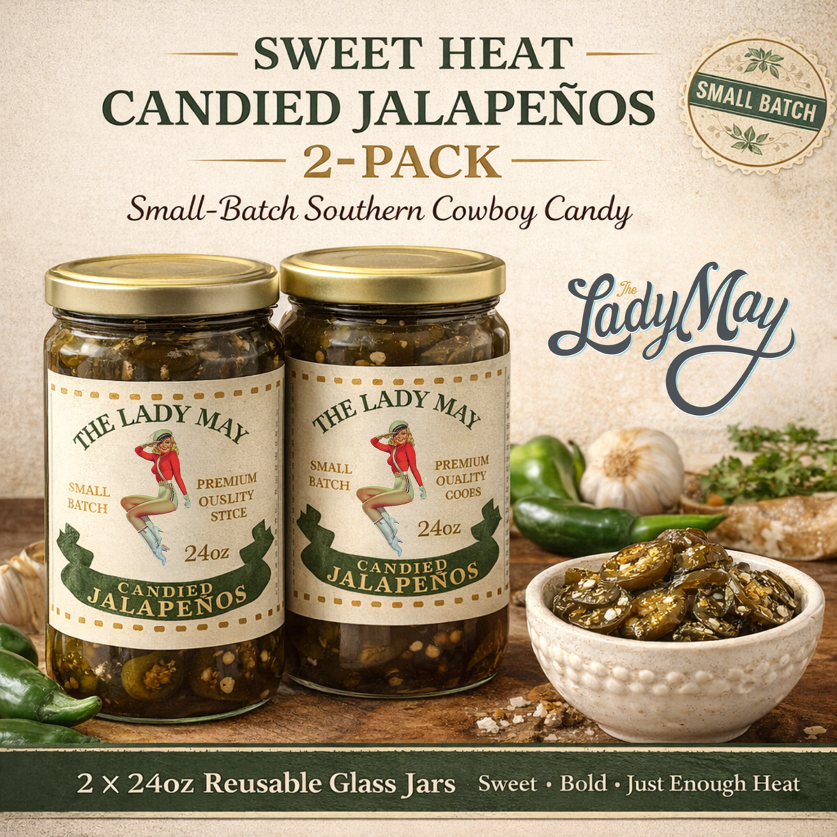 The Lady May sweet heat candied jalapenos 2-pack gift set with two 24oz reusable glass jars and a bowl of cowboy candy, a gourmet traditional farm-to-table Southern pickled gift idea