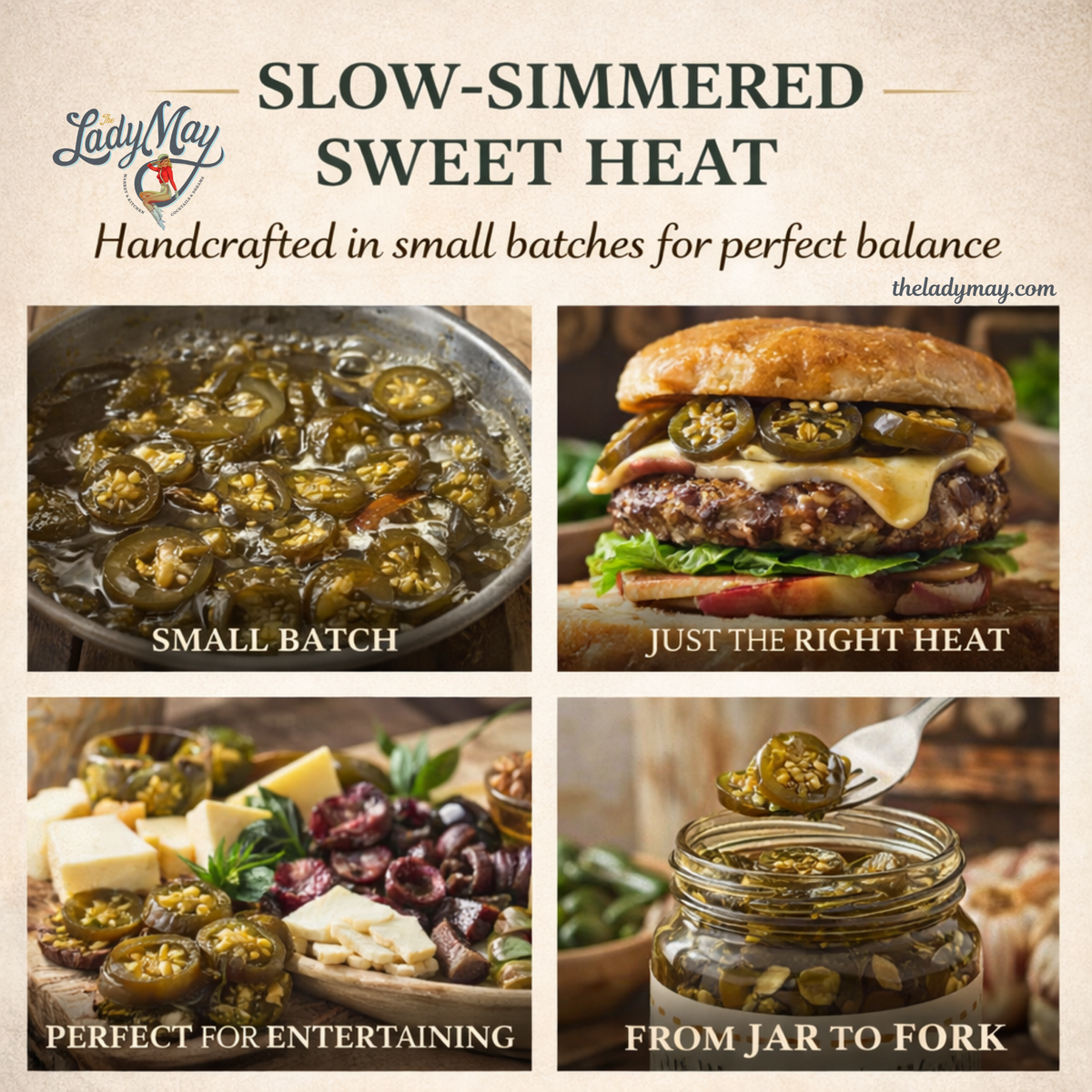 The Lady May small-batch candied jalapenos serving ideas on a burger and charcuterie board, a gourmet traditional farm-to-table Southern sweet heat pickled topping