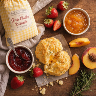 The Lady May Garlic Cheddar Biscuit close-up split open with strawberry and peach preserves and fresh fruit